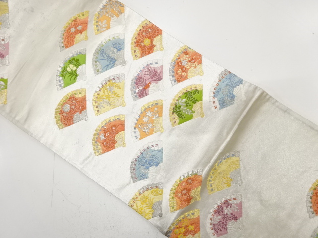 JAPANESE KIMONO / ANTIQUE FUKURO OBI / SILK / WOVEN FOLDING FANS PATTERN